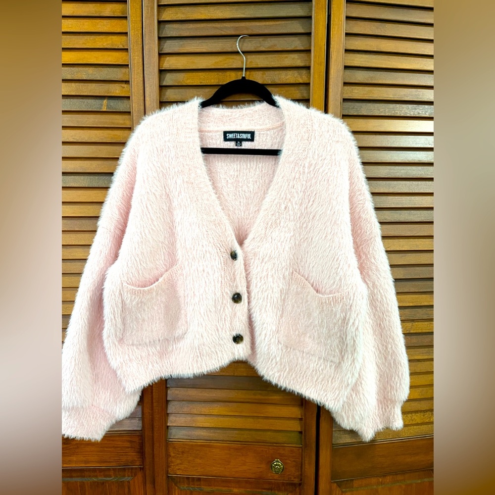 Baby pink furry button up cardigan/sweater